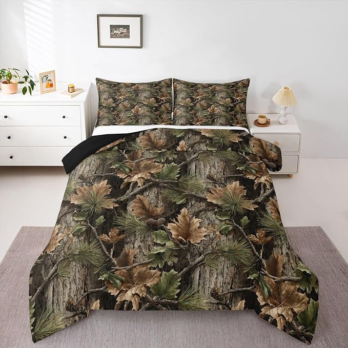 Erosebridal Camo Hunting Comforter Set Toddler Size Rustic Camouflage Bedding Set for Kids Boys Girls Woodland Cabin Tree Leaves Comforter Camping Farm House Quilt Bedroom Decor