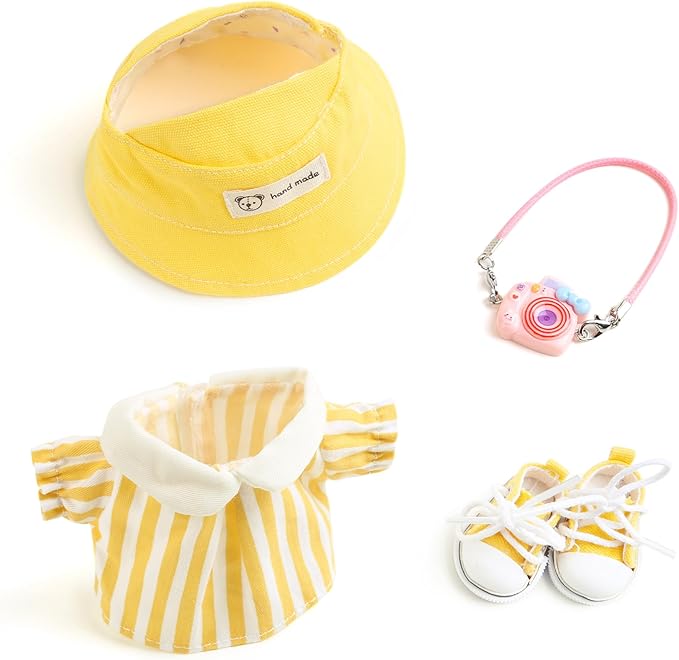 17cm Doll Clothes for Labubu - Kawaii Clown Style Set - Doll's Hat & Doll's Clothing & Doll's Shoes & Camera, Cute Doll Outfit with Accessories for Display, Collectors, Gift - Yellow (NO Dolls)