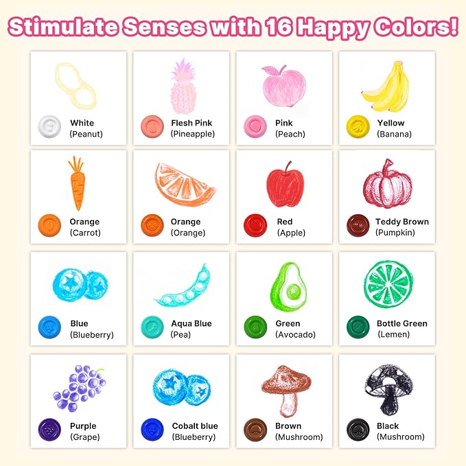 Egg Crayons for Toddlers 1-3, 16 Pack Jumbo Palm Grasp Crayons with Anti-Roll Flat Bottom & Fruit Patterns, Washable, Non-Toxic & Unbreakable Art Supplies Gifts for Boys Girls