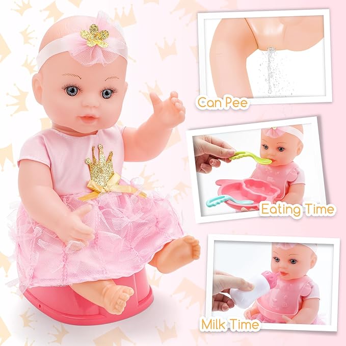 deAO Baby Doll Playset 12 Inch Baby Doll wirh Clothe and Accessories Baby Doll Carrier Storage Bag Balls Tent Toys, Pretend Play Birthday Gift for Kids Girls Boys, Collection