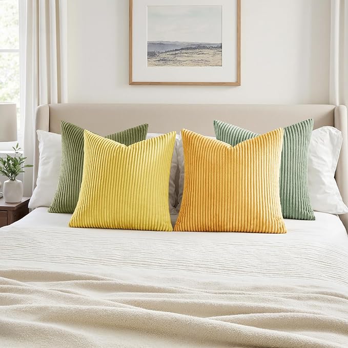 MIULEE Soft Corduroy Decorative Throw Pillow Covers Yellow Green 20x20 | Set of 4, Mordern Nordic Decor, Lime Lemon Green Set, Boho Farmhouse Cushion Covers for Couch Bed Sofa Living Room