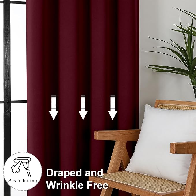 Simplebrand Ava Burgundy Blackout Curtains for Bedroom 72 Inch Length 2 Panels Set, Privacy Thermal Insulated Rod Pocket Window Curtains for Patio French Door Front Door, W40 x L72 Inch
