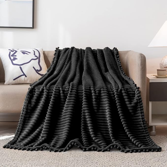 DISSA Fleece Blanket Twin Size – 60x80, Black - Soft, Plush, Fluffy, Fuzzy, Warm, Cozy – Perfect Throw for Couch, Bed, Sofa - with Pompom Fringe - Flannel Blanket