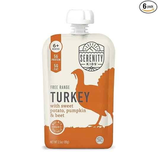Serenity Kids 6+ Months Organic Turkey Baby Food Pouches - 5g Protein Pouch for Toddler Snacks - No Added Sugar Pumpkin Puree Toddler Meals - BPA-Free On-the-Go for Baby Essentials - 3.5 Oz, 6 Pack