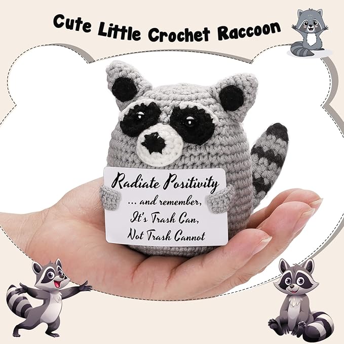 Tiny Handmade Raccoon Gift, Positive Crochet Animal Trash Panda, Emotional Support Plush for Men & Women, Friend, Coworker, Bestie, Motivational Encouragement Present, Best for Birthday & Christmas
