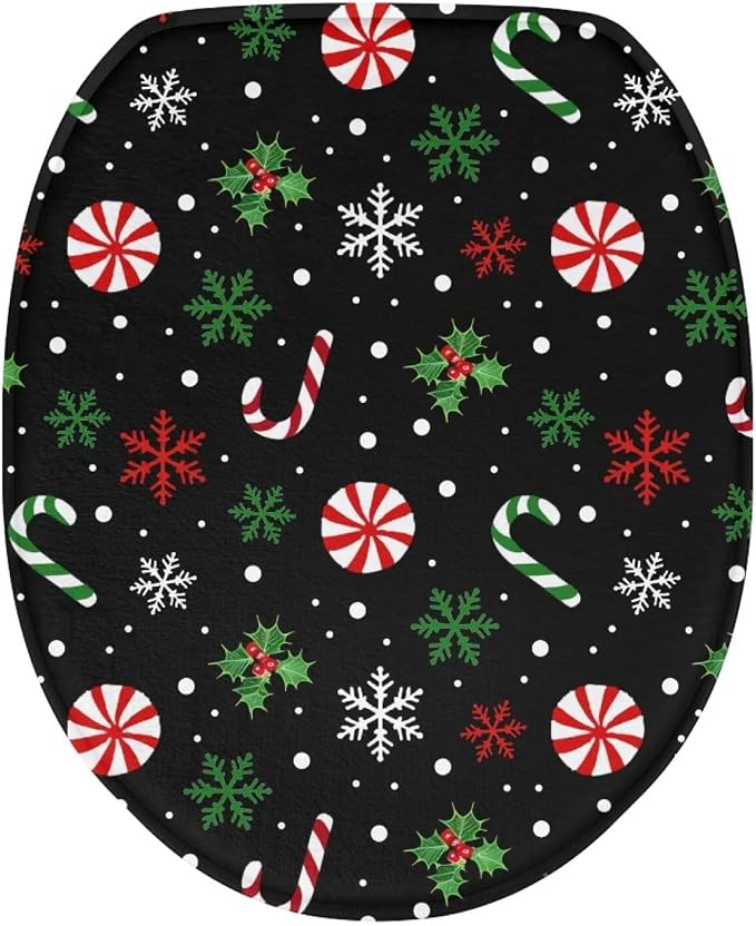 Toilet Seat Cover, Flannel Soft Bathroom Accessories Toilet Lid Cover,Christmas Candy Print Machine Washable Reusable Toilet Seat Cover
