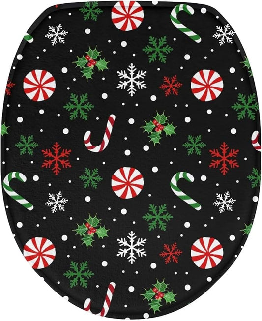 Toilet Seat Cover, Flannel Soft Bathroom Accessories Toilet Lid Cover,Christmas Candy Print Machine Washable Reusable Toilet Seat Cover