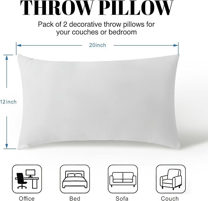 Water Resistant Polyester Pillow Inserts with Plush Dot Cover | Pack of 2 Square Form Indoor Decorative Pillow, Bed and Couch Pillows, 12 x 20 Inches, Orchid