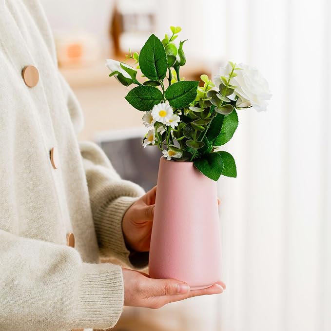 Simple Boho Ceramic Flower Vase for Home Decor (Solid Pink,Small) | 6'' Modern Cute Vase for Flower Plant Pampas Grass, Fit for Table Shelf Centerpieces, Living Room Bedroom Wedding Gift