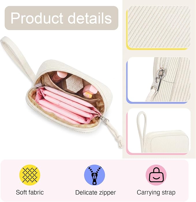 Corduroy Period Pouch for Women, Cute Sanitary Pad Pouch with Zipper, Portable Tampon Holder for Purse, Sanitary Napkin Storage Bag for Travel (Beige)