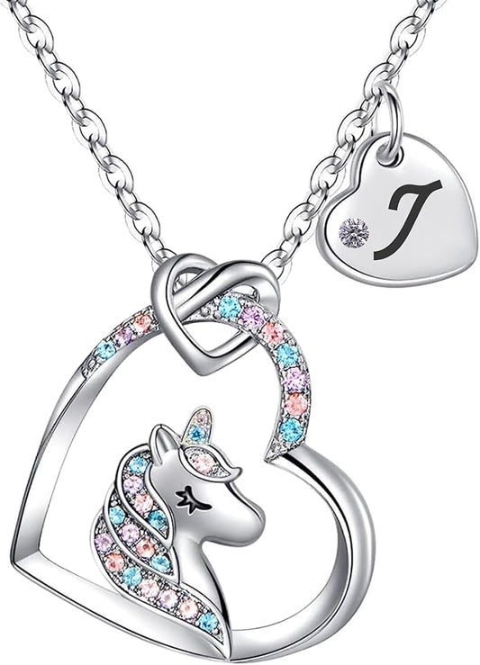 Valentines Day Gifts for Kids Girls - Unicorn Necklace for Girls with Initial Heart Pendant & Gift Box, 18K Gold Fashion Kids Jewelry, Colorful Heart Necklace for Birthdays & Costume Parties.