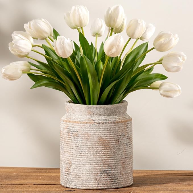 Ceramic Flower Vase 7.5 inch Farmhouse Rustic Vase for Home Decor Handcrafted Pottery Terracotta Vases for Dining Table Decor Fireplace Living Room Bathroom Wedding Centerpiece (M-Terracotta)