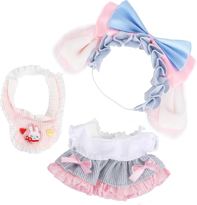 17 Cm Doll Clothes (No Doll) - Premium Doll Clothing & Accessories, Pink Bunny Series -Bunny Ears Bow+Pink Bib+Pleated Skirt(Style R)