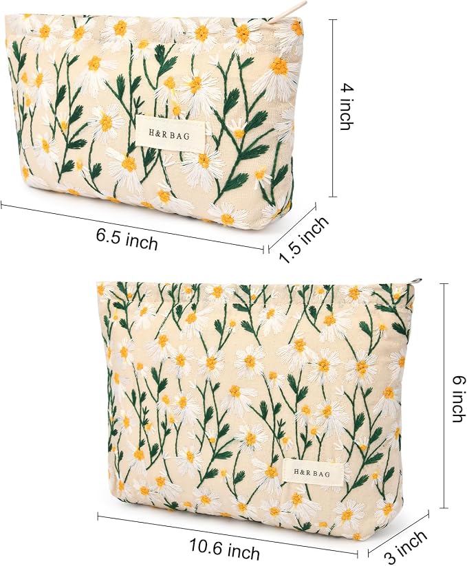 SOIDRAM 2 Pcs Makeup Bag Large Cosmetic Bag Toiletry Bag Makeup Pouch Travel Bag Organizer Cute Makeup Brushes Aesthetic Accessories Storage Bag for Women Daisy Embroidery