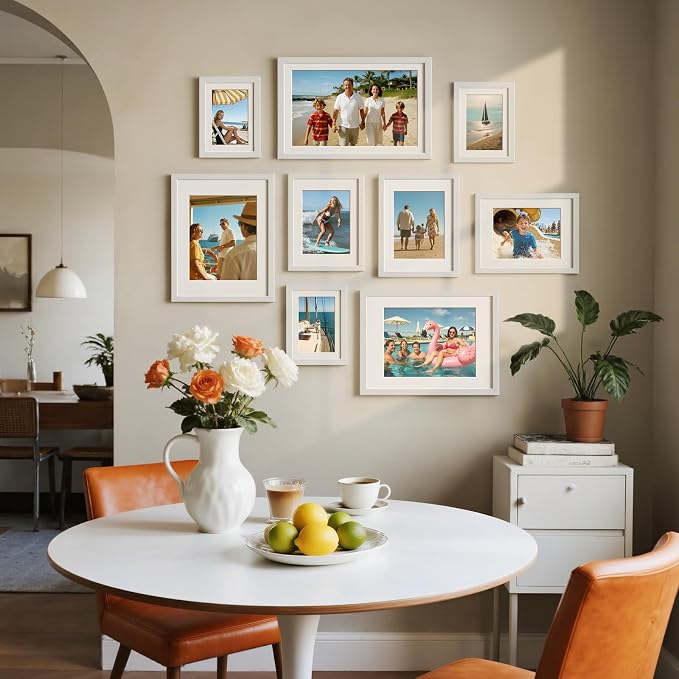 HappyHapi 5x7 Picture Frames Set of 10, Wall or Tabletop Display, White | White Picture Frames Display Photos 4x6 with Mat or 5x7 Without, Gallery Wall Frame Set, Modern Classic Home Decor