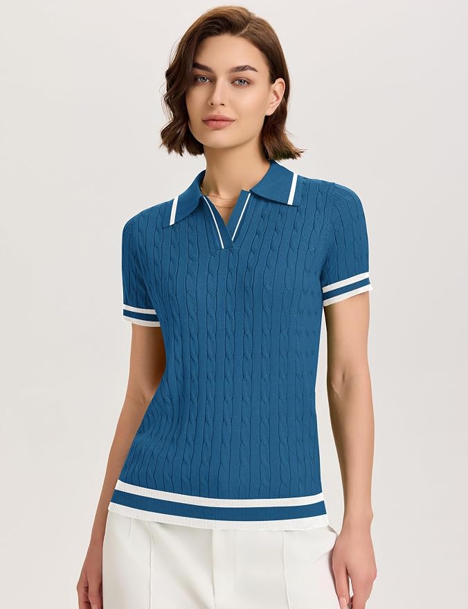 Micoson Womens Short Sleeve Sweater Tops Lapel V Neck Polo Shirts 2026 | Summer Cable Knit Loose Blouses, Business Casual Outfits