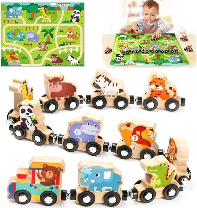 Montessori Toys for 1 2 3 Year Old Boys, Toddler Toy 2-3 Years Girls Boy Gifts Magnetic Wooden Train Kids Toys for Ages 2-4 Preschool Learning Activities Farm Animals with Track Mat