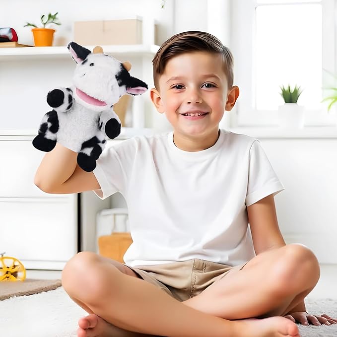 Animal Hand Puppets 11 Inch Sea Turtle Plush Dinosaur Animals Hand Puppet Toys Role-Play Toy Puppets for Kids Storytelling Imaginative Pretend Play Teaching Preschool(Cow)