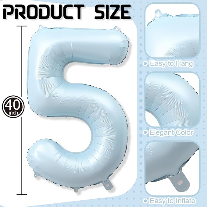 Big Number 5 Balloons, Dusty Light Blue Foil 5 Balloon Numbers 40 Inch, Giant 5th Birthday Party Decor, Matte Baby Blue Mylar Helium Self Inflating Balloon for Boys Birthday Anniversary Decorations