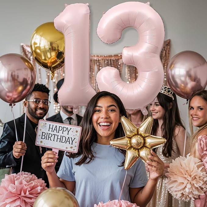 13th Birthday Balloons for Girls, 40'' Foil Self Inflating Dusty Light Baby Pink Number 13 Balloon, Blush Pastel Pink Large Helium 13 Balloon Number for Birthday Party Decor Anniversary Decorations