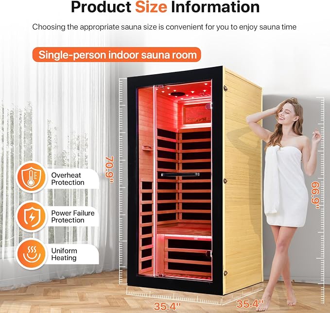 OUTEXER One Person Sauna Far Infrared Saunas Room Obeche Wood 1350W Dry Saunas Spa with 7 Starry Sky Light 35.4 * 35.4 * 70.8inch