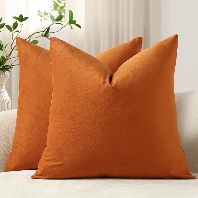 Throw Pillow Covers 20x20 Orange: Pack of 2 Cozy Soft Velvet Square Modern Luxury Decorative Throw Pillow Cases for Sofa Couch Living Room Bed Home Decor