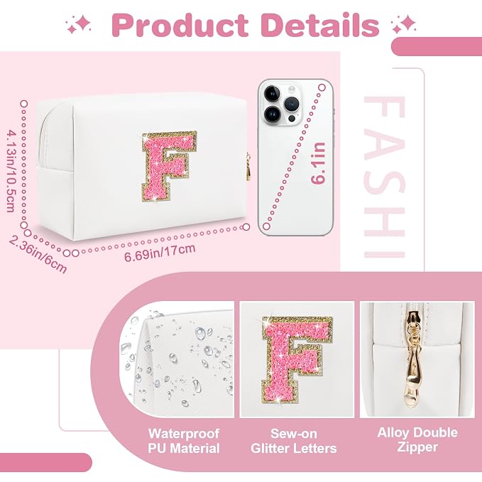 Small Personalized Initial A-Z Patch Makeup Bag,White Cute PU Leather Glitter Letter Cosmetic Bag for Teen Girls,Travel Toiletry Bag with Zipper,Preppy Monogrammed Birthday Gift for Daughter Niece F