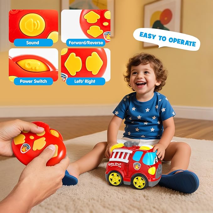 Remote Control Car, 2.4G Cartoon Emergency Vehicle, RC Fire Truck Engine Toys with Lights & Music, Birthday Gifts for Toddlers, Kids, Boys & Girls 1-5 Years Old (Red)