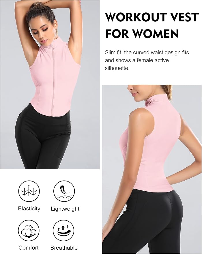 Flygo Women's Full Zip Sleeveless Workout Yoga Active Jacket Vest Golf Shirts