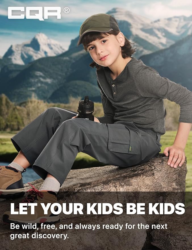 CQR Kids Boy’s Hiking Cargo Pants, Water Resistant UPF 50+ Quick Dry Youth Casual Outdoor Climbing Camping Trousers
