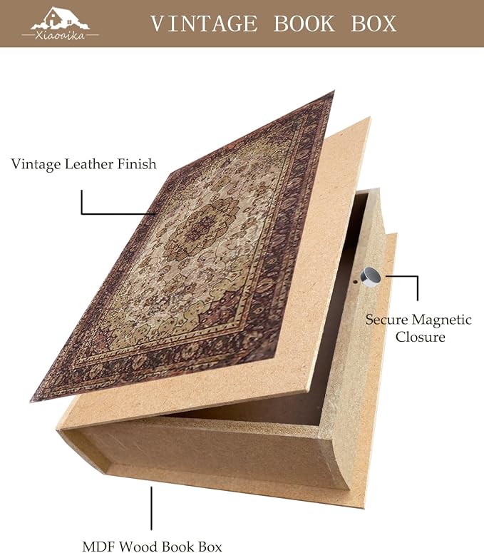 Decorative Wooden Book Box Set of 2 - Vintage Faux Book Boxes for Home Decor, Secret Storage with Magnetic Closure, Antique Style, Persian Rug Pattern Leather Cover, Perfect for Home Office Bookshelf