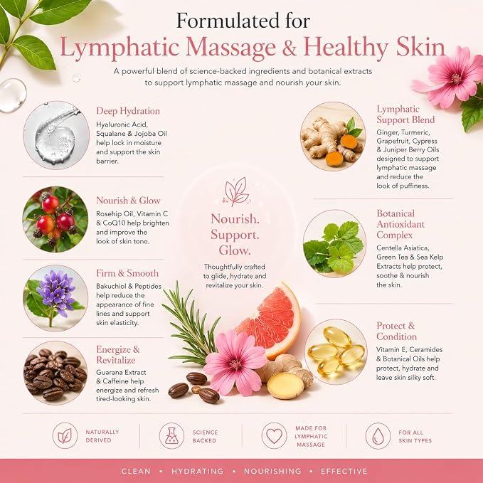 Gentle Lymphatic Drainage Oil for Body, Stomach, Legs, Neck | Lymphatic Massage Oil Post Surgery Recovery with Vitamin E, Peptides, Ginger, Turmeric, Grapeseed Oil | Hyaluronic Acid for Skin Support