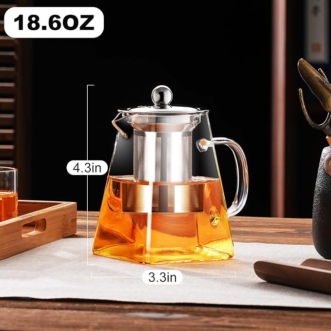 PARACITY Glass Teapot Stovetop 32OZ, Borosilicate Clear Tea Kettle with Removable 18/8 Stainless Steel Infuser, Teapot Blooming and Loose Leaf Tea Maker Tea Brewer (square, 550ML)