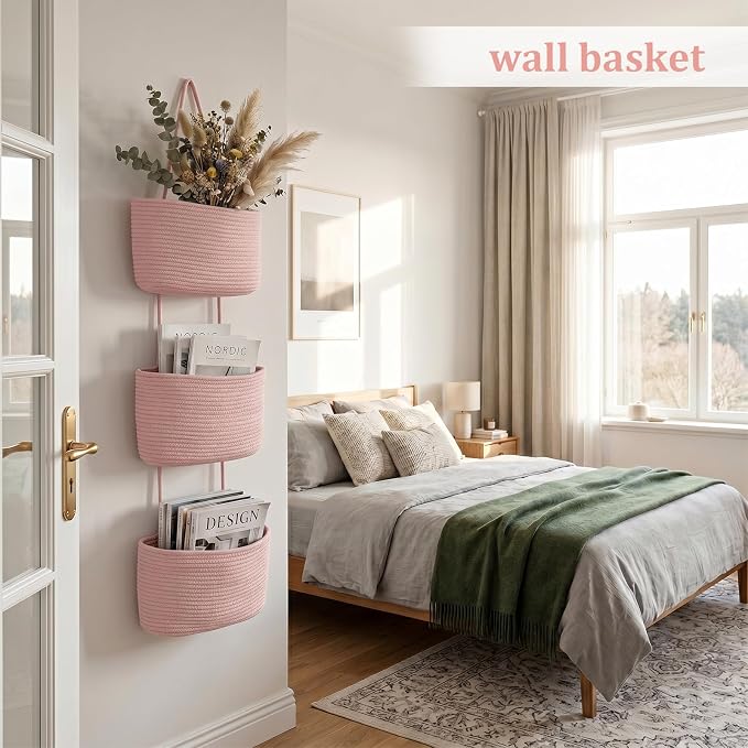 TeoKJ Over the Door Hanging Basket, 3-Tier Woven Cotton Wall-Mounted Storage Organizer Bag Decorative Hanging Nursery Baskets, Pink