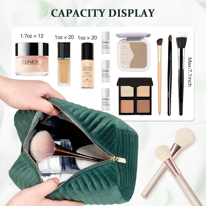 COSHAYSOO Personalized 16th 18th 21st Birthday Gifts for Girls Travel Makeup Bag Quilted Make Up Cosmetic Pouch 16 17 18 19 20 21 Year Old Girl College Dorm Essentials Green Velvet Initial Letter C