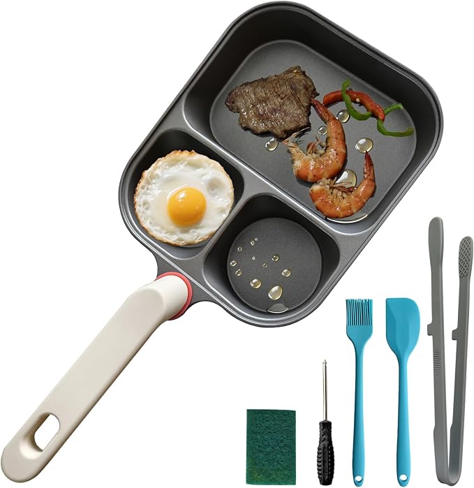 9.25" Titanium Nonstick Divided Egg Pan, 3-In-1 Breakfast Skillet with 2 Round & 1 Square Compartments, Induction & Gas Compatible, PFOA/PTFE Free, Cook Eggs, Pancakes & Bacon Simultaneously