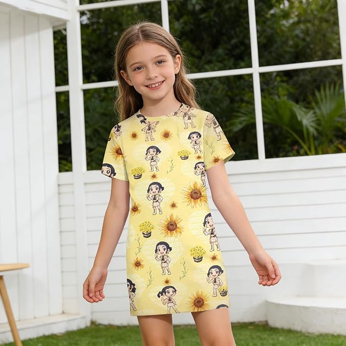 Girl's Anime K-POP Graphic Long Dress T-Shirt - Casual Loose Fit Short Sleeve Top