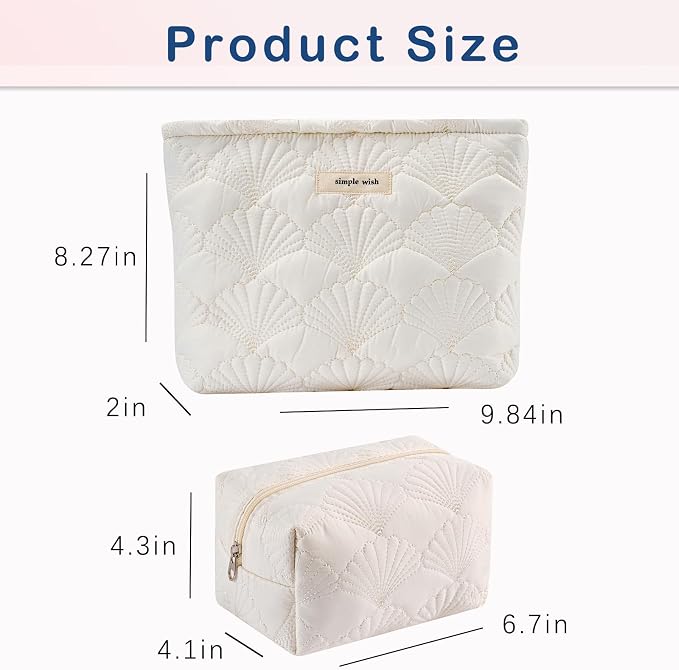 uekeboag 2Pcs White Shells Quilted Cotton Makeup Pouch Set,Coquette Quilted Toiletry Bag for Women and Girls, Floral Coquette Organizer Bag, Aesthetic Travel Cosmetic Bags(2Pcs White Shells)