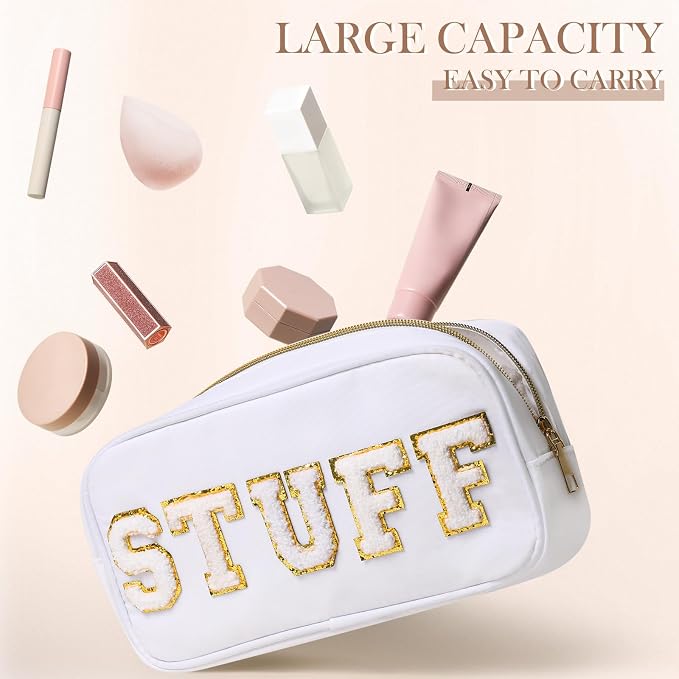 Preppy Makeup Bags Chenille Letter Stuff Bag Nylon Cosmetic Pouch Cases with Zipper for Women Travel Toiletry(White Set,Novel,4 Pcs)