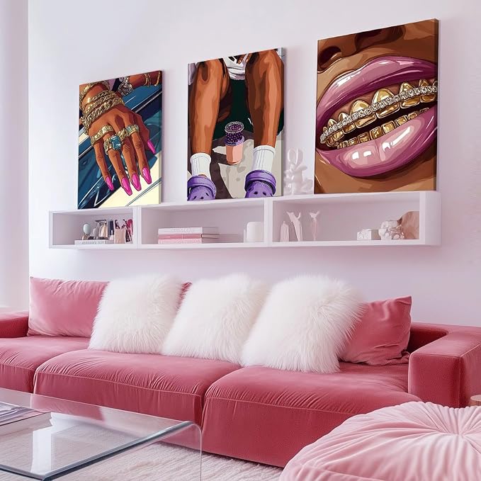 Framed Black Girl Wall Art Set of 3, Trendy Hip Hop Black Woman Wall Decor Paintings, Fashion African American Pictures Canvas Prints for Home Living Room Girly Bedroom 16x24 inch
