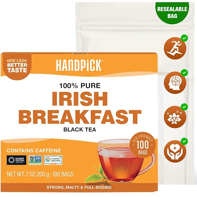 HANDPICK, Irish Breakfast Black Tea Bags (100 Count) Gluten-Free, Non-GMO | Strong, Robust & Bold Flavor | Round Eco-Conscious Tea Bags