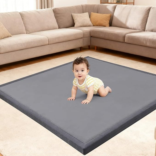 Ultra Soft Play Mat for Floor, 59"×71" Playpen Mat, 1.3" Thick Memory Foam, Non-Slip Tummy Time Mat for Infants, Toddlers, and Kids – Water-Repellent Coral Velvet, Easy Care