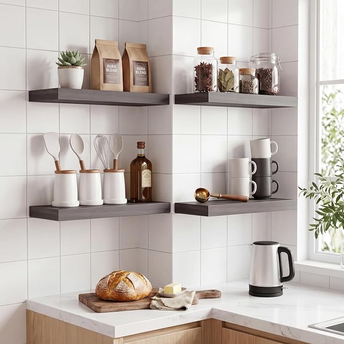 Fixwal 15.7in Floating Shelves, Rustic Wood Finish Wall Shelves Set of 4, Shelves for Wall Decor, with Invisible Brackets for Bathroom, Living Room,Bedroom and Kitchen(Gray)
