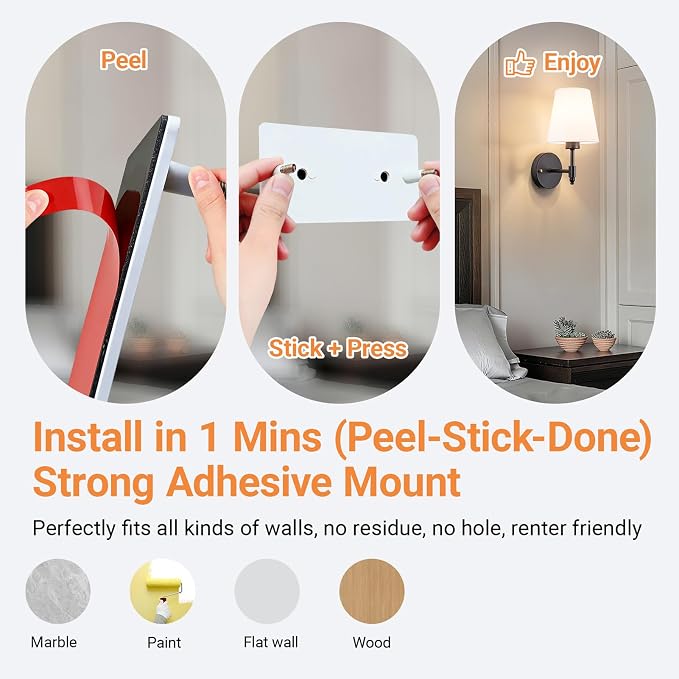 Peel and Stick Wall Sconces, Stick On Wall Sconce Set of 2, Battery Operated Wireless Adhesive Wall Lights, Corn Bulb with 10000mAh Battery, Easy Install for Bedroom Living Room Wall Decor