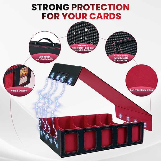 Red Trading Card Storage Box with Handle,5-Row Portable Deck Case for 4000+ Cards, Leather Card Collection Case with Commander Display Window for MTG, Yugioh, and Sports Cards,Gifts for Card Collector