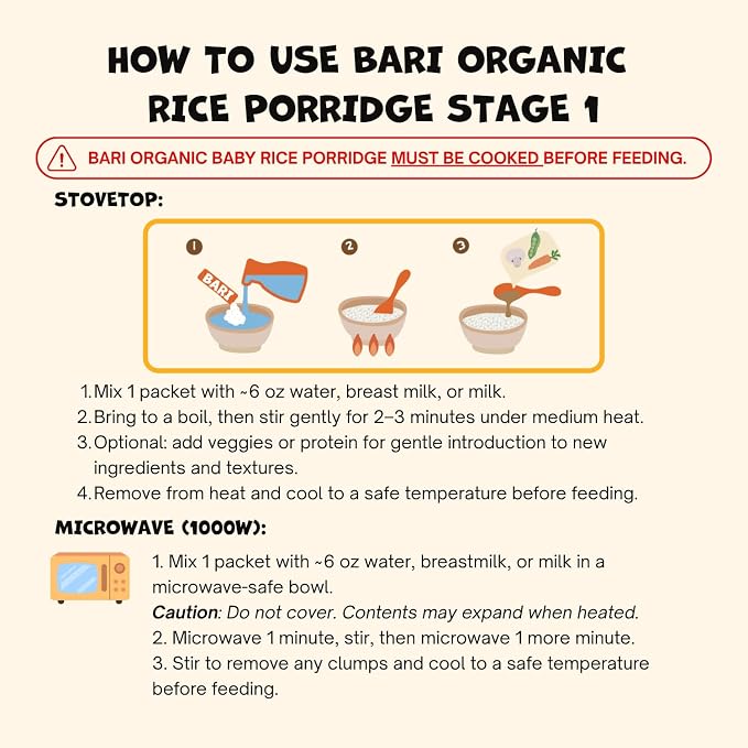 BARI Organic Baby Rice Porridge – Stage 1 – First Food for Babies 4+ Months | USDA Organic, Heavy Metal Tested, Korean Rice Cereal, No Added Sugar, Gluten-Free | 4.2 oz (10 Packets)