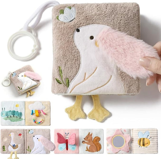 let's make Soft Baby Book, Sensory Crinkle Cloth Books for Babies 0-6 6-12 Months, Animal Tummy Time Toys with Baby Mirror & Squeaker, Touch and Feel Travel Stroller Toy, Newborn Gift Baby Shower