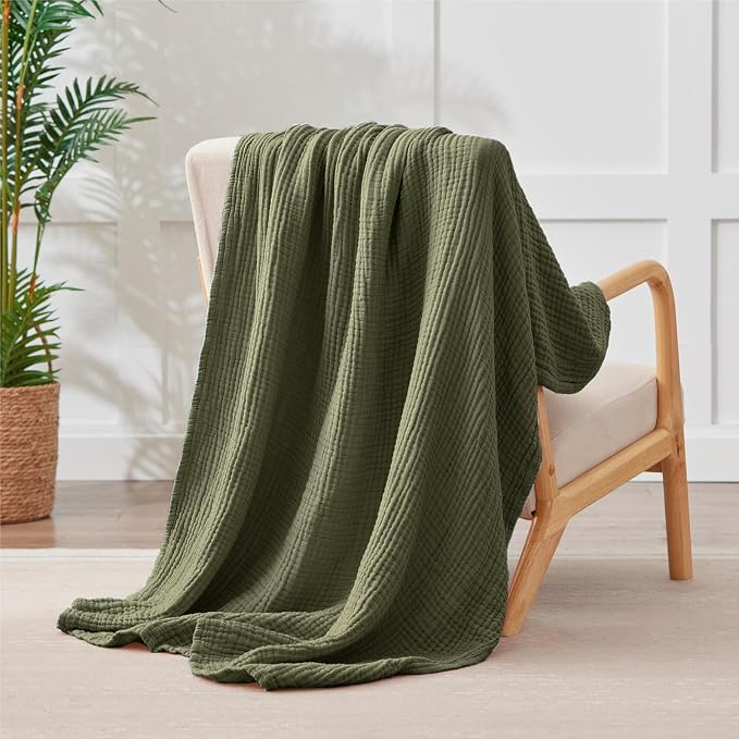 100% Cotton Muslin Blanket Twin 60" x 80", Breathable and Lightweight Cotton Twin Blankets for Couch, Soft Cooling Summer Gauze Blanket for Adults All Season, Olive Green