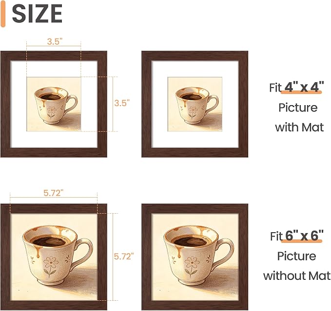 upsimples 6x6 Picture Frame, Display Pictures 4x4 with Mat or 6 x 6 Without, Wall Hanging Square Frames, Brown, 1 Pack