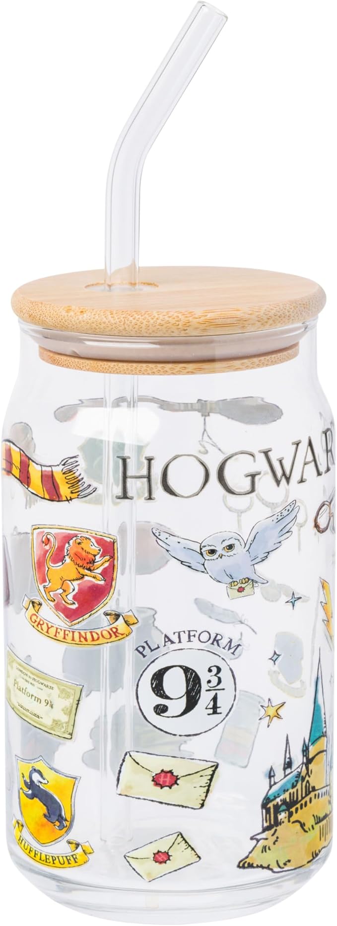 Silver Buffalo Harry Potter Hogwarts Platform 9 3/4 Gryffindor Hedwig Glass Jar Tumbler with Bamboo Lid and Glass Straw, 16 Ounces